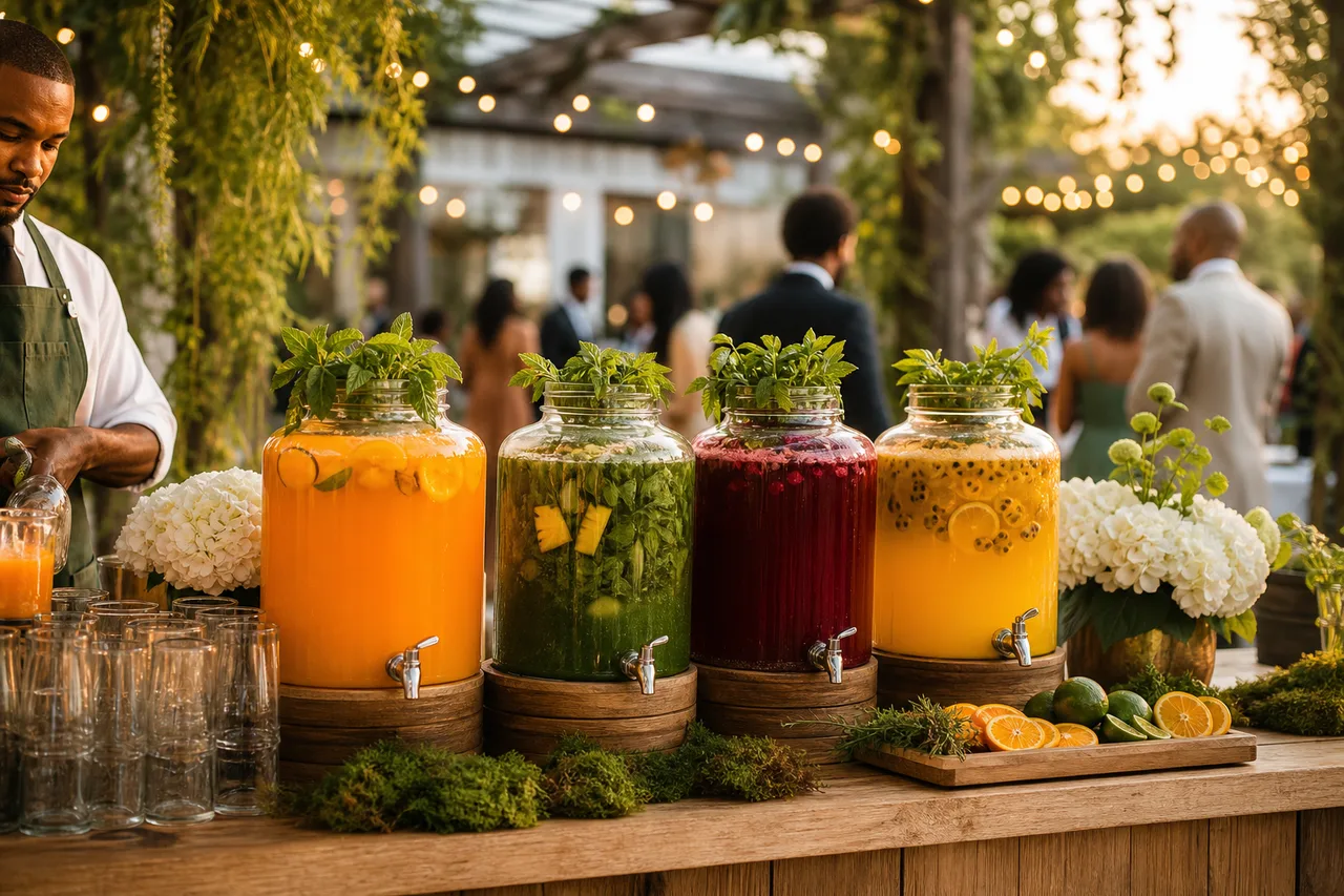 Juice and tea bar setup at an outdoor event