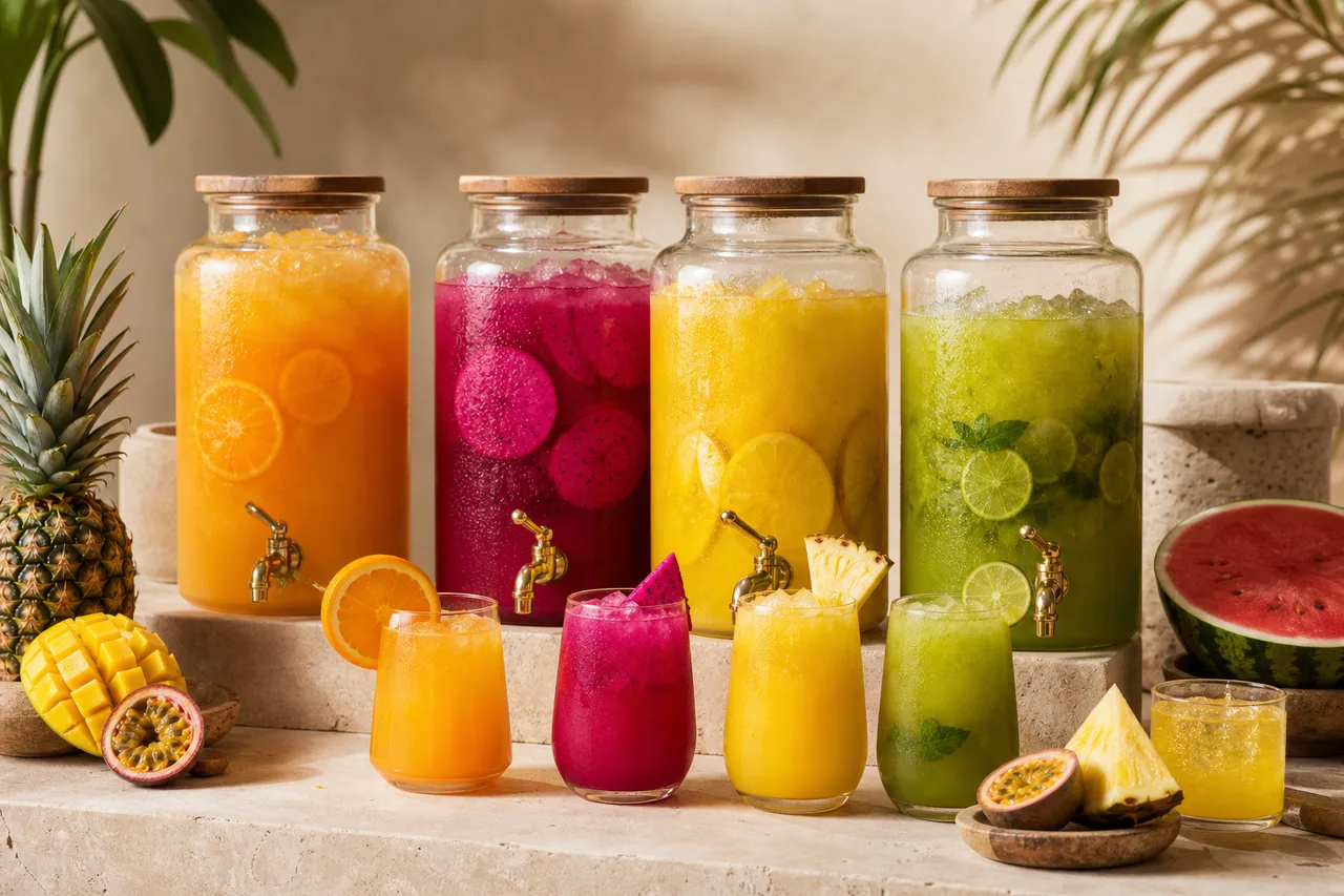 Colourful cocktail juice dispensers with tropical fruits for event catering