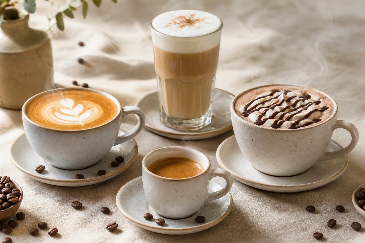 Espresso, cappuccino, latte, and mocha coffee drinks