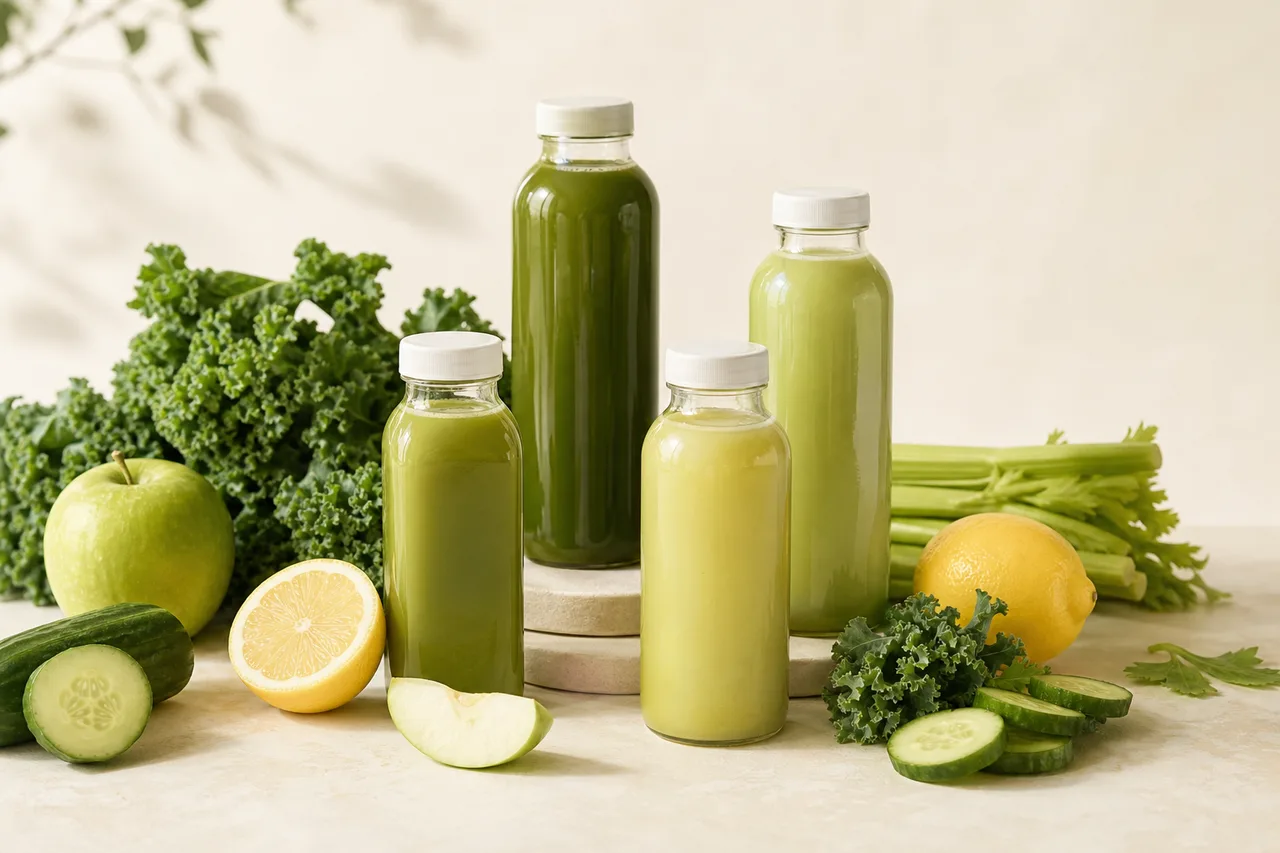 Fresh plain fruit juices in glass bottles with seasonal produce